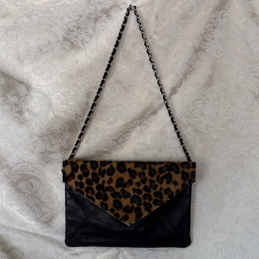 Sorpresa Black leather mohair cheetah envelope purse
